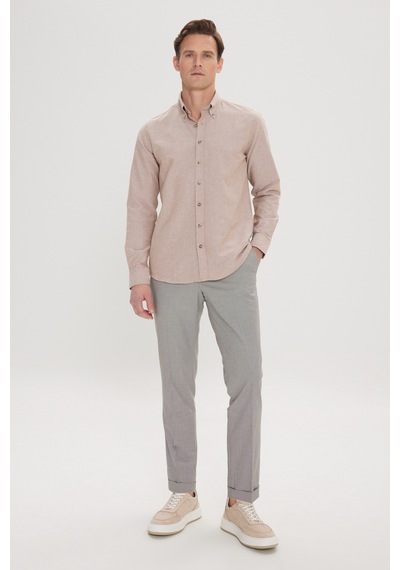 Erkek Vızon Slim Fit Dar Kesim Düğmeli Yaka Pamuklu Oxford Gömlek Vizon