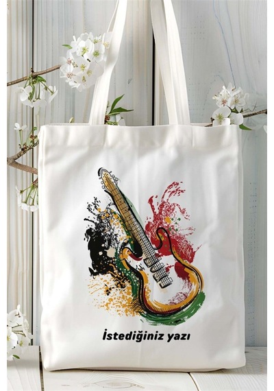 Art Hediye Elektrogitar Baskılı Bez Çanta Kişiye Özel Model 4 Çok Renkli