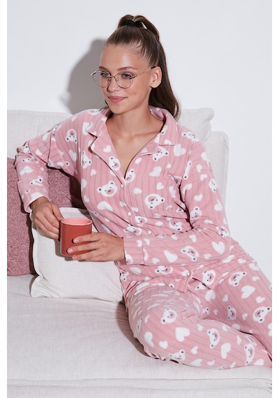 Lela Standart Fit Düğmeli Polarlı Bayan Pijama Takımı 6095617 Pudra