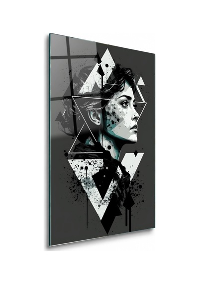 Üçgenlerle Siyah Beyaz Kadın Profili Çerçevesiz Cam Tablo