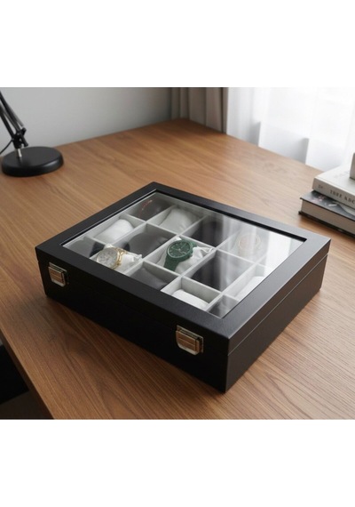 Premium 15 Yuvalı Tamamen Deri Kaplama Cam Kapaklı Şık Tasarım Saat Saklama Kutusu Ebat 34x24x8 Cm Siyah - Beyaz
