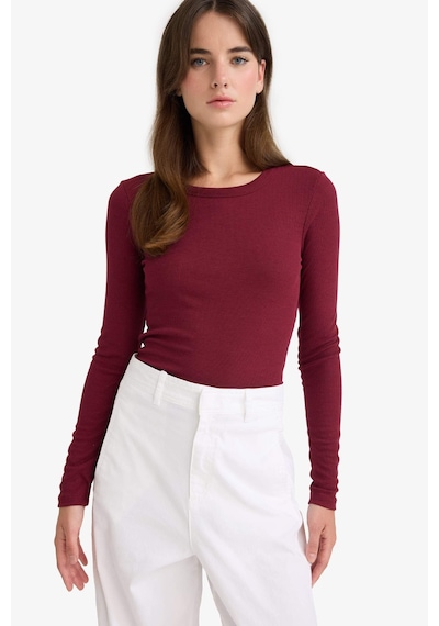 Defacto Slim Fit Dar Kesim Basic Düz Fitilli Kaşkorse Uzun Kollu Tişört E5767ax25aubr115 Bordo