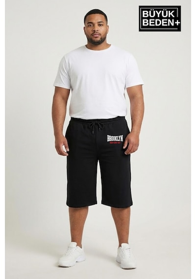 Süperlife Büyük Beden Erkek 3xl-6xl Rahat Kalıp Cepli Brooklyn 1970 Baskılı Penye Kapri Şort Spr26bsr591-03 Siyah