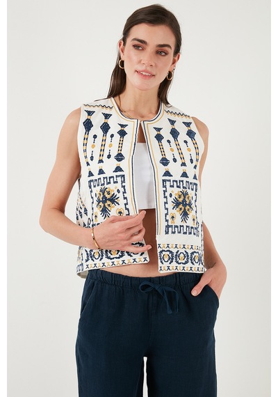 Lela Pamuklu Regular Fit Çiçekli Nakış Işlemeli Bayan Yelek 676293 Ekru