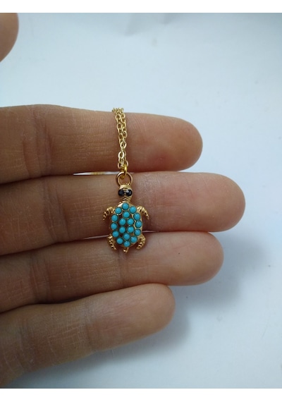 Turkuaz (Firuze) Taşlı Kaplumbağa Modeli  Kolye Taba