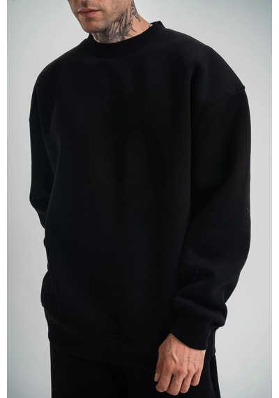 Erkek Uzun Kol Bisiklet Yaka 3 İplik Pamuklu Kışlık Sweatshirt - Siyah Siyah