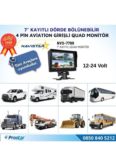 7 İnç Dörde Bölünebilir Kayıtlı Quad Monitör 4 Pin Aviation Girişli Ahd 1080p/720p/cvbs Analog Pal Ntsc 256gb Sd Kart Destekli