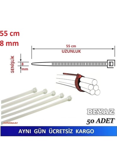 50 Adet Pemsan 55Cm X 8Mm Plastik Cırt Kelepçe Kablo Bağı N11.849