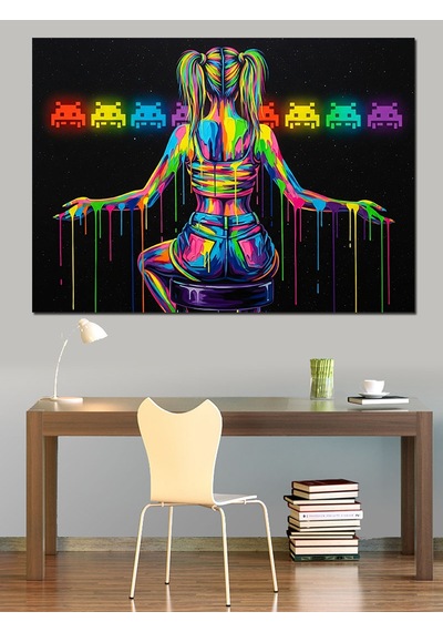 Neon Işıklı Kadın Ve Emojiler İllüstrasyonu Dekoratif Kanvas - Mdf Ahşap Tablo