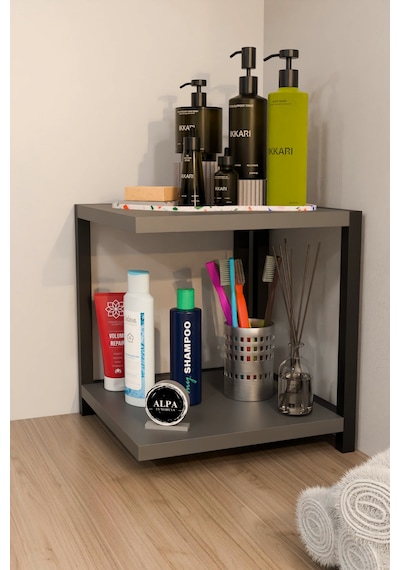 İki Raflı Banyo Köşe Kare Düzenleyici Organizer Raf Metal Gövdeli Çok Amaçlı Banyo Standı Antrasit