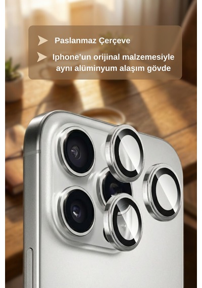 % 99.99 Gerçek Safir Titanyum Kasa Apple Uyumlu iPhone 17 Pro / 17 Pro Max Kamera Lens Koruyucu, Ar - Silver