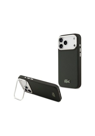 Apple Uyumlu iPhone 17 Pro Max Kılıf Lacoste Lisanslı M-safeli Pu Pike Desen Standlı Metal Logo Kapak Koyu Yeşil Koyu Yeşil