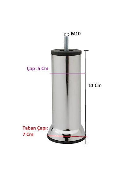 Mobilya Kanepe Baza Koltuk Çekyat Yükseltme Ayağı Kalın Diş M10 Krom Metal 10 Cm 4 Adet Krom Metal