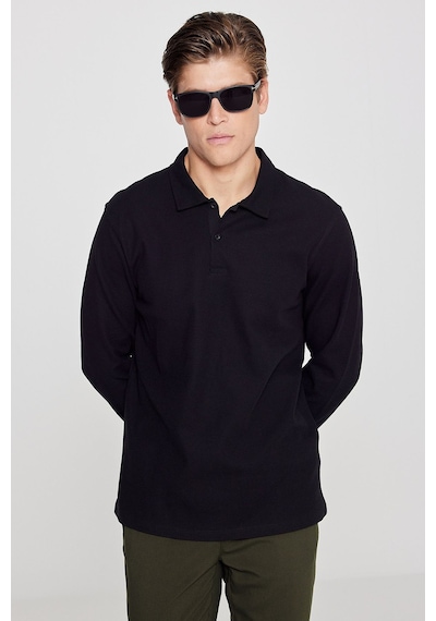 AC&Co / Altınyıldız Classics  Erkek Sıyah %100 Pamuk Slim Fit Dar Kesim Polo Yaka Jakarlı Triko Tişört Siyah