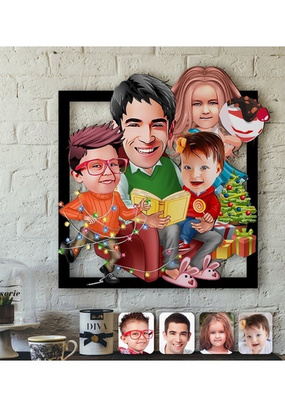 Kişiye Özel Yeni Yıl Aile Karikatürlü 3D Ahşap Tablo-6