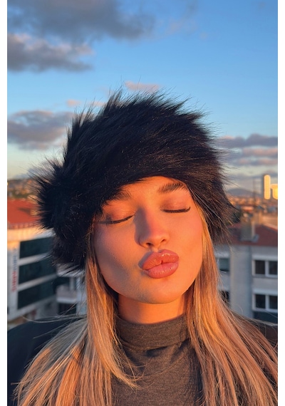 Mollycrush Kadın Siyah Peluş Kürk Şapka Rus Tarzı Premium Kışlık Model Siyah