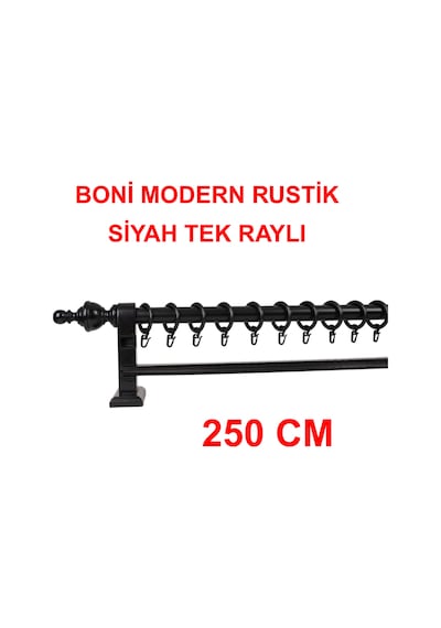 Boni Modern Rustik Ahşap Rustik Perde Askısı Tek Raylı-siyah 250 Cm Siyah