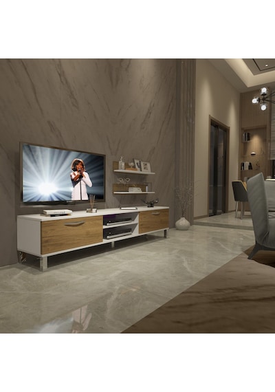 Decoraktiv Eko 4 Mdf Dvd Krom Ayaklı Tv Ünitesi Tv Sehpası - Beyaz Pera Beyaz - Meşe Decoraktiv Eko 4 Mdf Dvd Krom Ayaklı Tv Ünitesi Tv Sehpası - Beyaz Pera Beyaz - Meşe