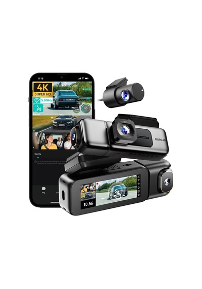Ses Kontrolü,3 Kanallı 3,18 İnç Dokunmatik Ekran, 2160p + 1080p + 1080p Ön Ve Arka İç Döngü Kaydı, 5,8 Ghz Wifi, Gps, Gece Görüşü, Wdr, Park Modu İle 4k Araç Kamerası 128 Gb Hafıza Kartlı