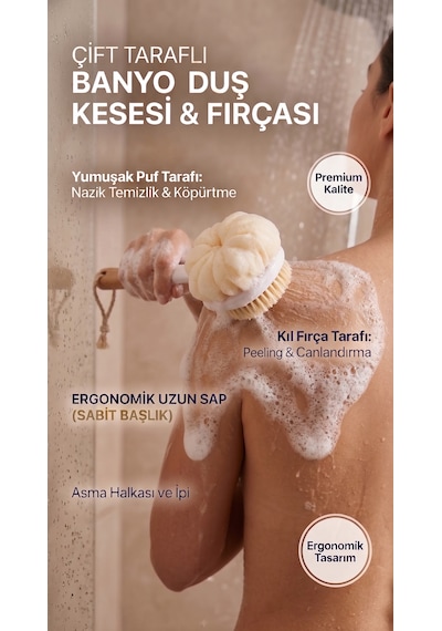 Dofix Çift Taraflı Duş Kesesi Ve Vücut Fırçası Uzun Saplı Banyo Fırçası, Peeling Etkili Masaj Kesesi