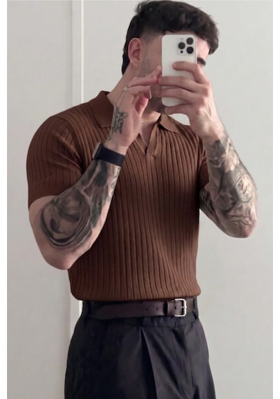 Tarz Cool Premium Fitilli Triko Polo Yaka Erkek Old Money T-shirt Kahverengi