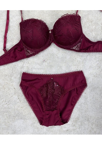 Le Jardin Parlak Simli İpli Brodeli Push-up Sütyen Külot Takım-50 Bordo