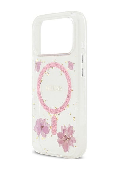 Apple Uyumlu iPhone 17 Pro Kılıf Guess Lisanslı M-safe Şarj Özellikli Transparan Resin Flowers Kapak Pembe Pembe