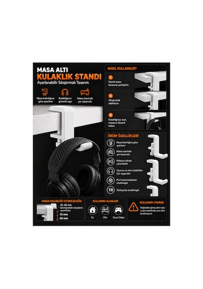 Beyaz Masa Altı Kulaklık Standı Beyaz Sıkıştırmalı Kulaklık Askısı Beyaz Yer Tasarruflu Masaüstü Kulaklık Tutucu - Ayarlanabilir Kulaklık Askısı Oyuncu Ve Yayıncı Aksesuarı