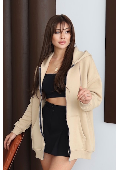 Balenbi Kadın 3 İplik İçi Polarlı Kapüşonlu 75cm Oversize Sweat Hırka 1129 Bej