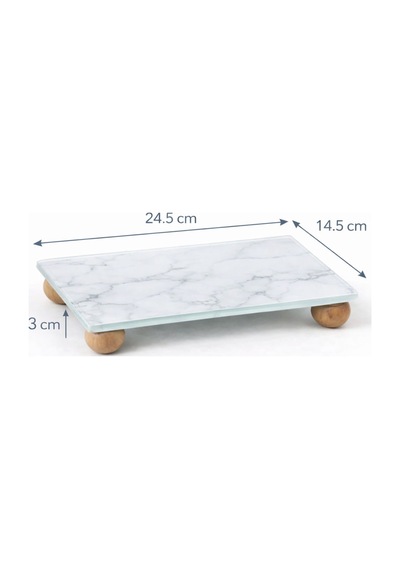 Mermer Desenli Cam Yağlık Sirkelik Bambu Ayaklı Sunumluk, Sabunluk,dekorluk Organizer Stand 24x14 Cm