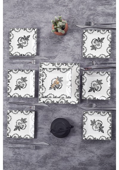 Piatti Naturali İkram Seti Black Rose Çift Katlı Sunum Tabağı & 6 Lı Tatlı Tabağı