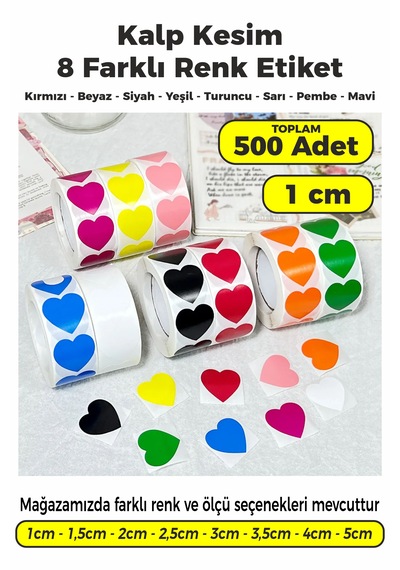 Karışık 8 Renk Kalp Kesim Sticker Etiket 1cm - Toplam 500 Adet Çok Renkli