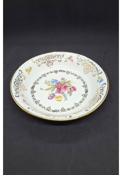 Elfenbein Porzellan Vintage Çukur Tabak 19x5 Cm Gri