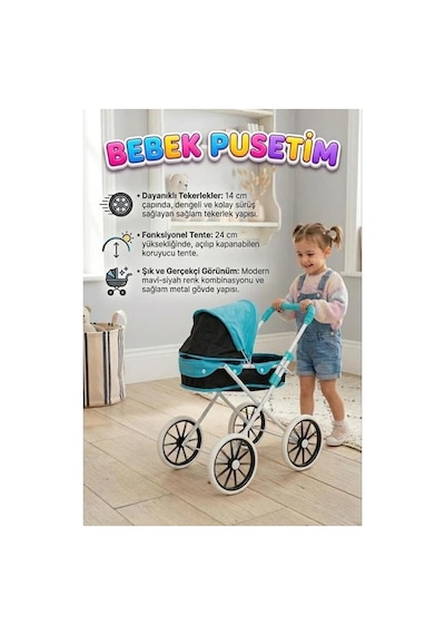Havalı Pusetim Katlanabilir Büyük Tekerlekli Metal 64cm Ayarlanabilir Tenteli Oyuncak Puset