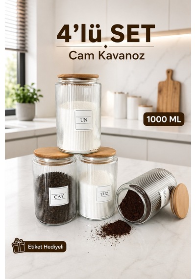4'lü Ahşap Vakumlu Kapaklı Çay Şeker Kahve Tuz Kavanozu Cam 1000 Ml Şeffaf
