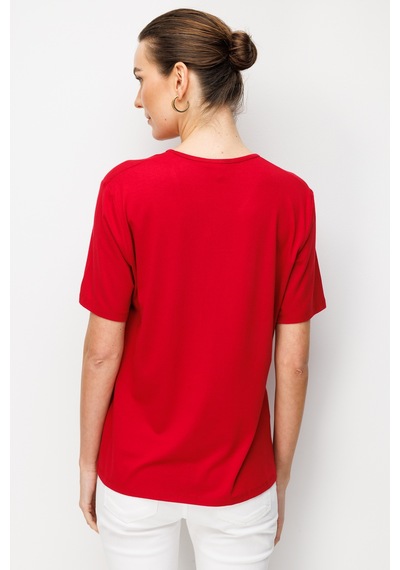 Kadın V Yaka Yakası Nakış İşlemeli Penye T-shirt Kırmızı Kirmizi