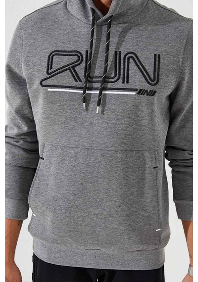 Tommy Life Gri Melanj Yazı Nakışlı Standart Kalıp Kapüşonlu Erkek Sweatshirt - 87887 GRİ MELANJ