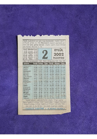 2 Eylül 2002 Takvim Yaprağı - Nostalji Koleksiyonluk Takvim Yaprağı