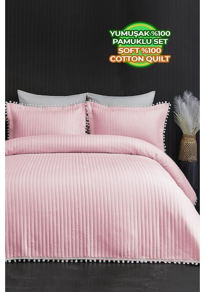 Evlen Home Collection Ponponlu Çift Kişilik %100 Pamuk Yatak Örtüsü Pike Takımı Pudra