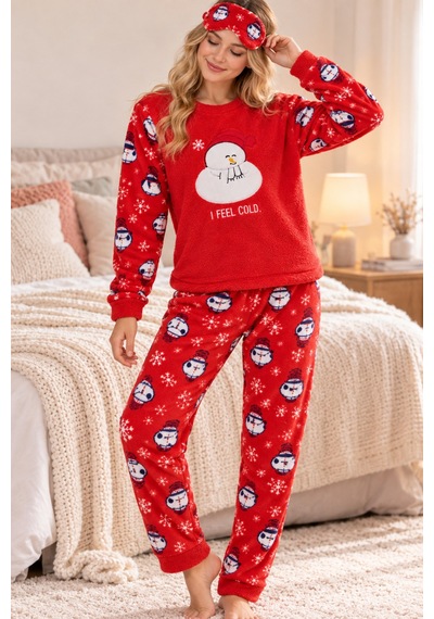 Free Beka Yılbaşı Desenli Kalın Sıcak Tutan Kumaş Kadın Pijama Takımı Ve Göz Bnadı Kırmızı Free Beka Yılbaşı Desenli Kalın Sıcak Tutan Kumaş Kadın Pijama Takımı Ve Göz Bnadı Kırmızı