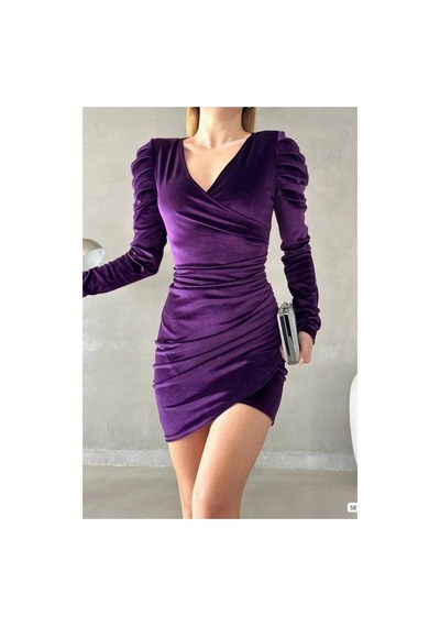 DefyModa Kadın Şık Tasarım Kadife Kumaş Kruvaze Yaka Büzgülü Abiye Elbise Mor