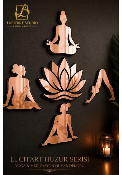 Huzur Serisi Premium Yoga & Lotus Aynalı Pleksi Duvar Dekoru 5 Parça Rose Gold Zen Tasarım Metalik