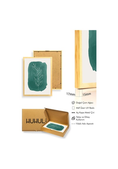 Doğal Ahşap Çerçeveli Minimal Yaprak Desenli Tablo - Canlı Tonlar Huhu1443