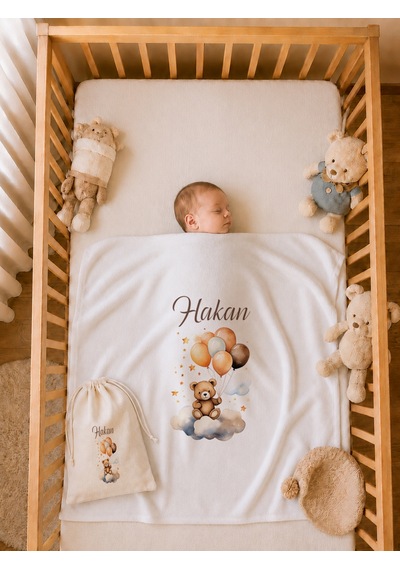 İsme Özel Erkek Bebek Battaniyesi %100 Pamuk 80x80 Cm Çift Kat Penye Ham Bez Kıyafet Kesesi Erkek Bebek Hediyesi 1067bk3x