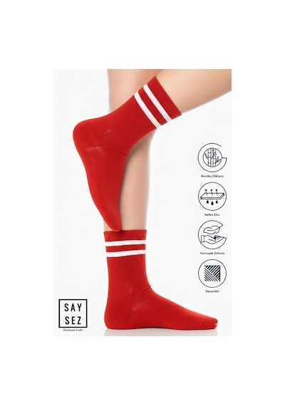 Saysez Bambu Unisex Tenis Kolej Çizgili Lacivert Premium Dikişsiz Soket Çorap Kırmızı