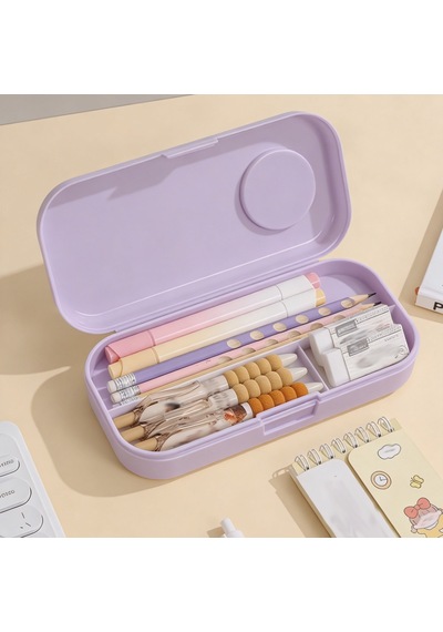 Sevimli Kawaii Figürlü Kalem Kutusu Çok Bölmeli Çift Katlı Büyük Kapasiteli Kalem Kutusu Sticker'lı Kalem Kutusu Sticker Yapıştırılabilir Kalemlik Sticker Kalemlik Mor