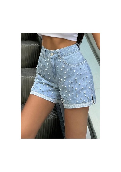 Kene Jeans Paça Yırtmaç Buz Kar İnci Detaylı Yüksek Bel City Boy Denim Şort Buz Kar
