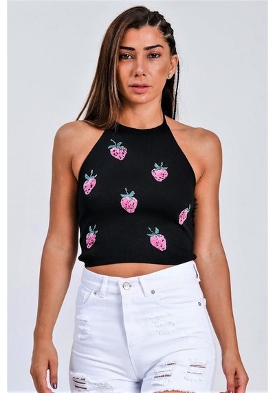 Genel Siyah Çilek Kabartma Baskı Boyundan Bağlamalı Crop Örme Bluz