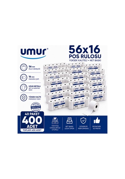56x16 Pos Rulosu Net Baskı Yüksek Kalite Pos Cihazlarına Uyumlu 40 Paket 400 Adet