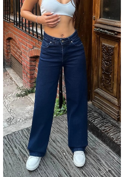Woddi Lacivert Kadın Salaş Likralı Bel Salaş Jean Pantolon New Sezon-4 Laci Vert